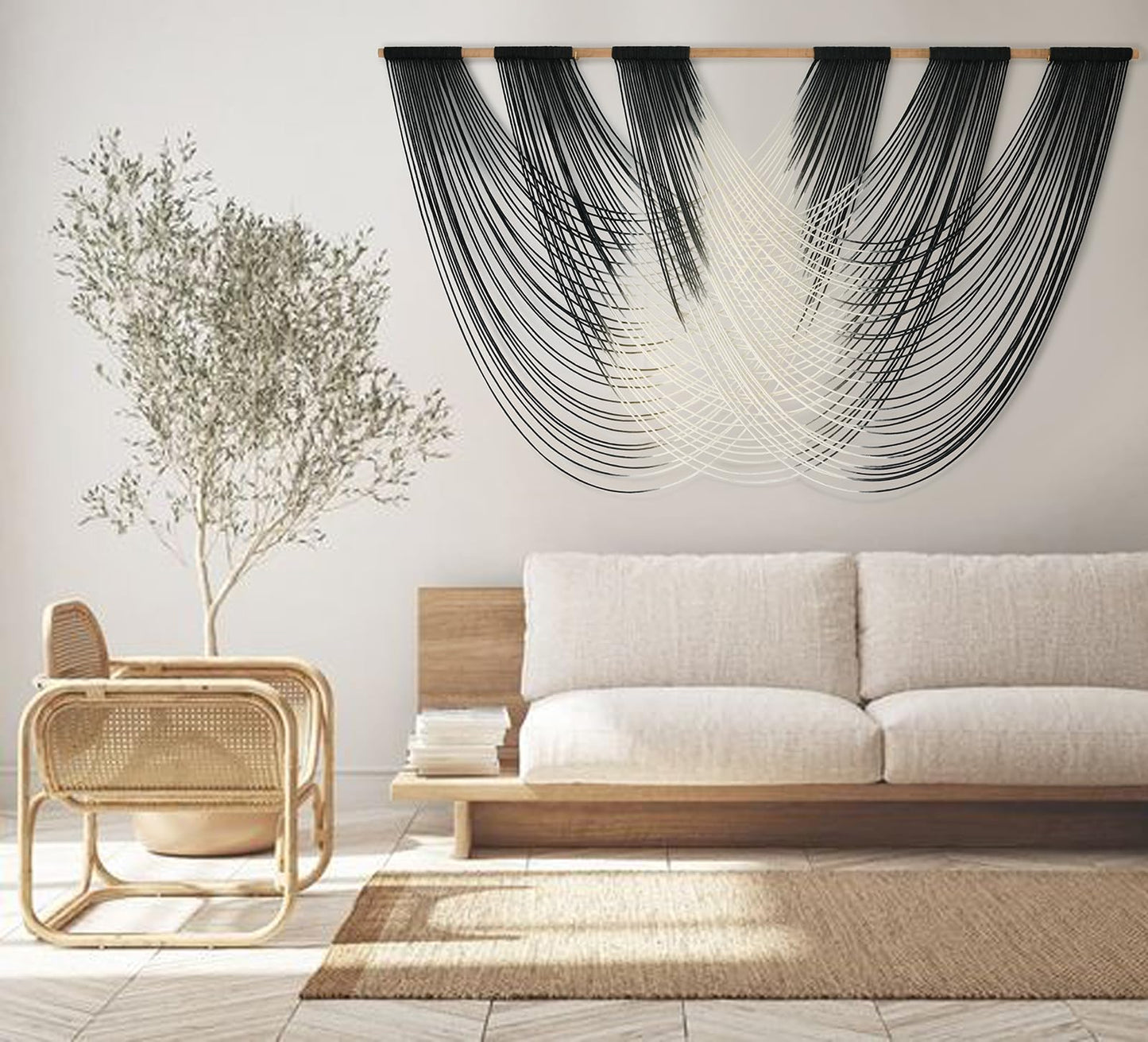 Jakalin Macrame Wall Hanging Black And White Dip Dyed Large Fiber Wall Art Macrame Wall Decor Boho Bedroom Living Room Wall Decor,59" W x 33" L