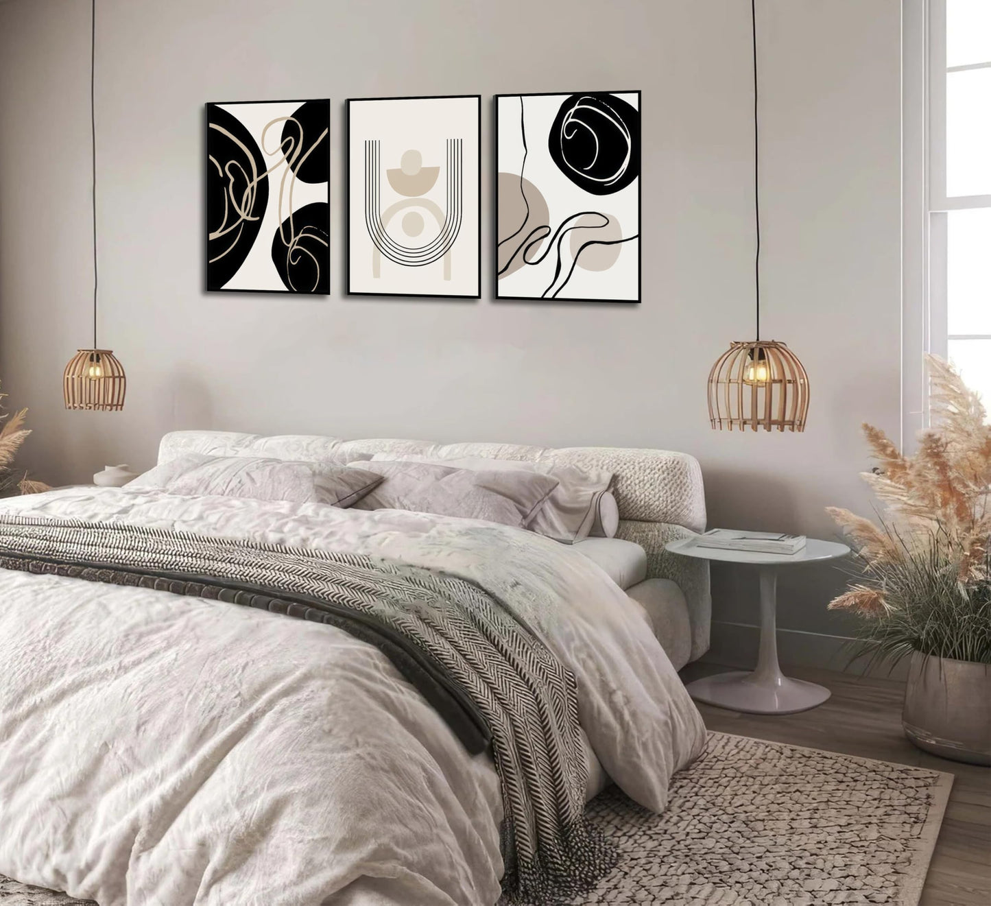 3Pcs Boho Neutral Geometric Wall Art Black and white minimalism Line Painting Wall Decor Mid Century Modern Abstract Poster Print Artwork for Living Room Bedroom Bathroom Home Decoration Unframed