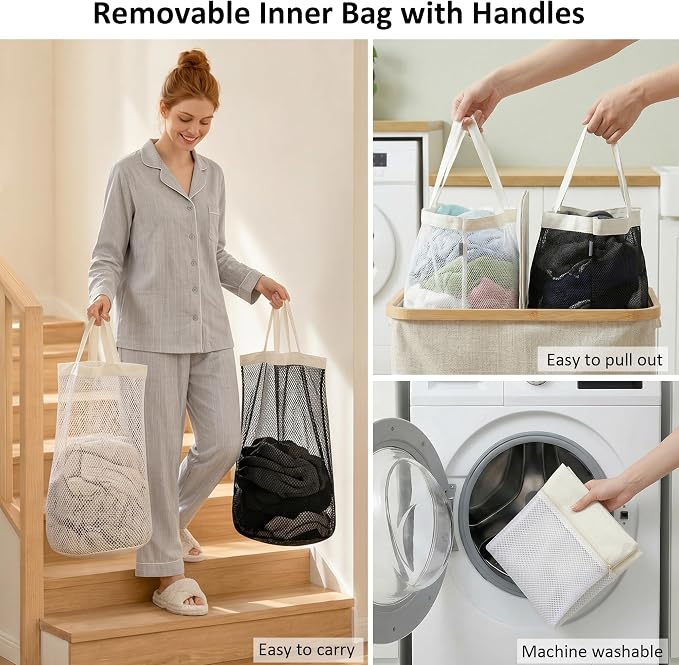 efluky Laundry Hamper with Lid, Double Laundry Basket with 2 Removable Bags, 2 Section Laundry Bin with Bamboo Handles for Bathroom, Bedroom & Laundry Room, 170L (44.9 Gallon) Beige