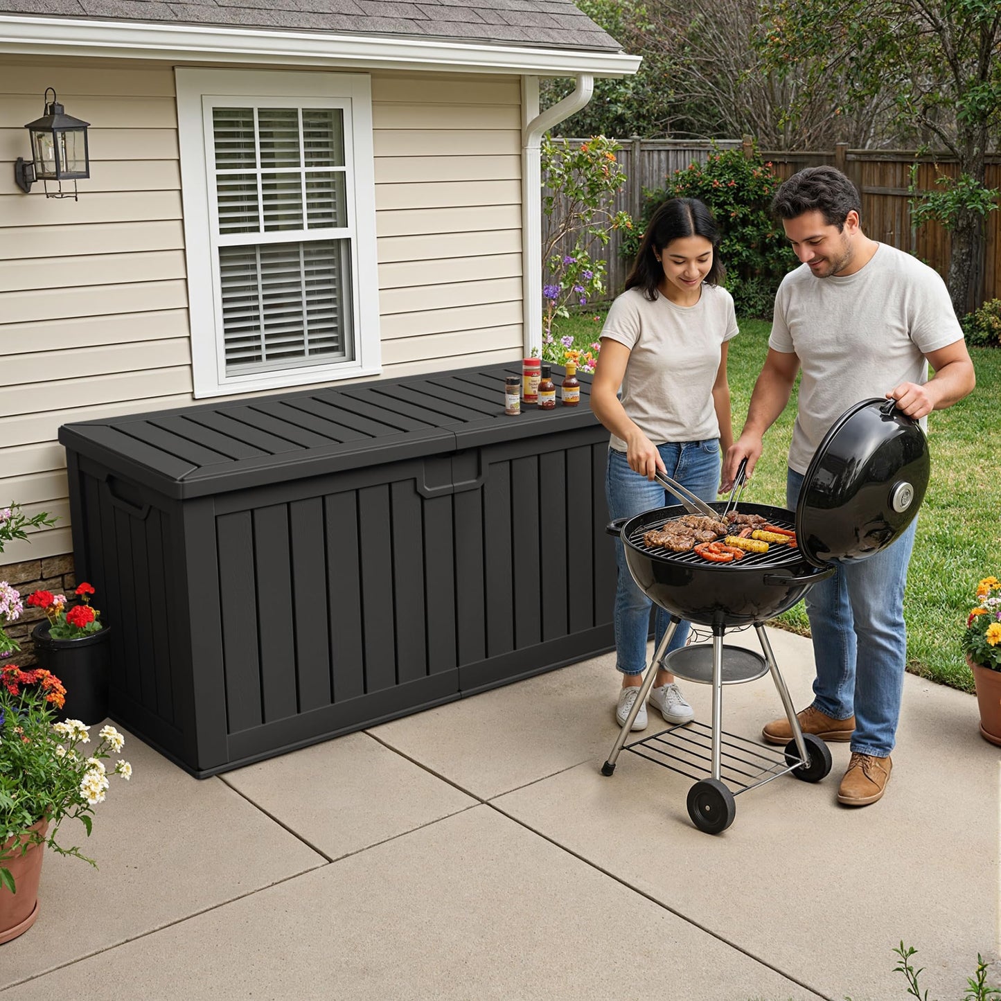 Acurax 240 Gallon HDPE Deck Box Outdoor Indoor Waterproof Storage Box for Patio Furniture, Pool Accessories, Garden Tools, and Cushion Storage, Black