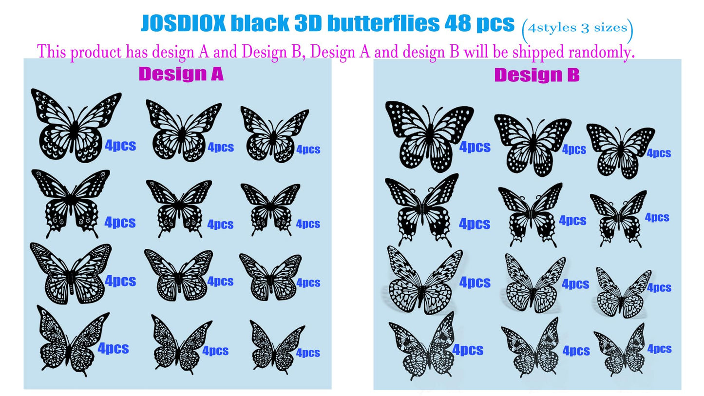 JOSDIOX 3D Black Butterfly Wall Stickers - 48 Pcs with 4 Styles & 3 Sizes, Removable Decor for Party Birthday Wedding Cake Balloon Decoration（48 Black