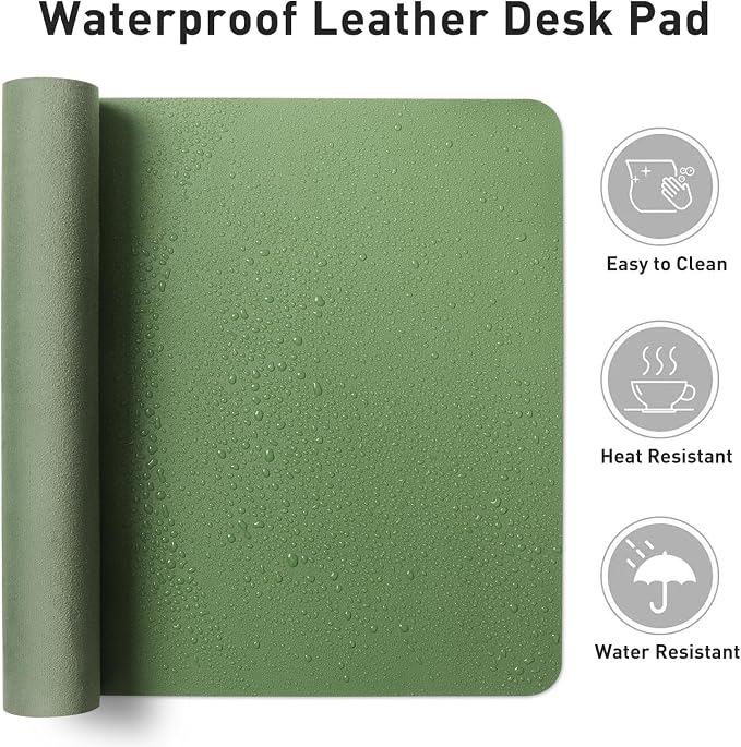Aothia Faux Leather Desk Mat - Non-Slip PU Leather Desk Blotter, Waterproof Writing Surface, Large Desk Pad for Office & Home (Olive Green, 55" x 17")