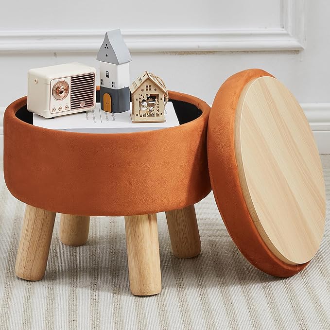Small Foot Stool Ottoman with Storage, Velvet Ottoman Foot Rest for Couch, Round Footstool with Storage, Small Ottomans and Footstools for Living Room and Entryway (Orange)
