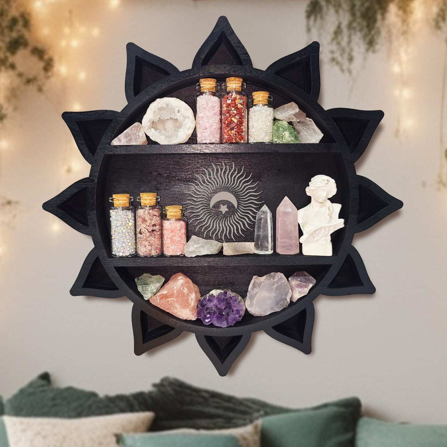 FNYDOX Crystal Shelf Display for Wall, Crystal Display Shelf Chakra Wooden Lotus Flower Crescent Moon Shelf Wall Decor, Decorative Home Floating Shelf Stone Storage Gem Holder Boho Hanging Organizer