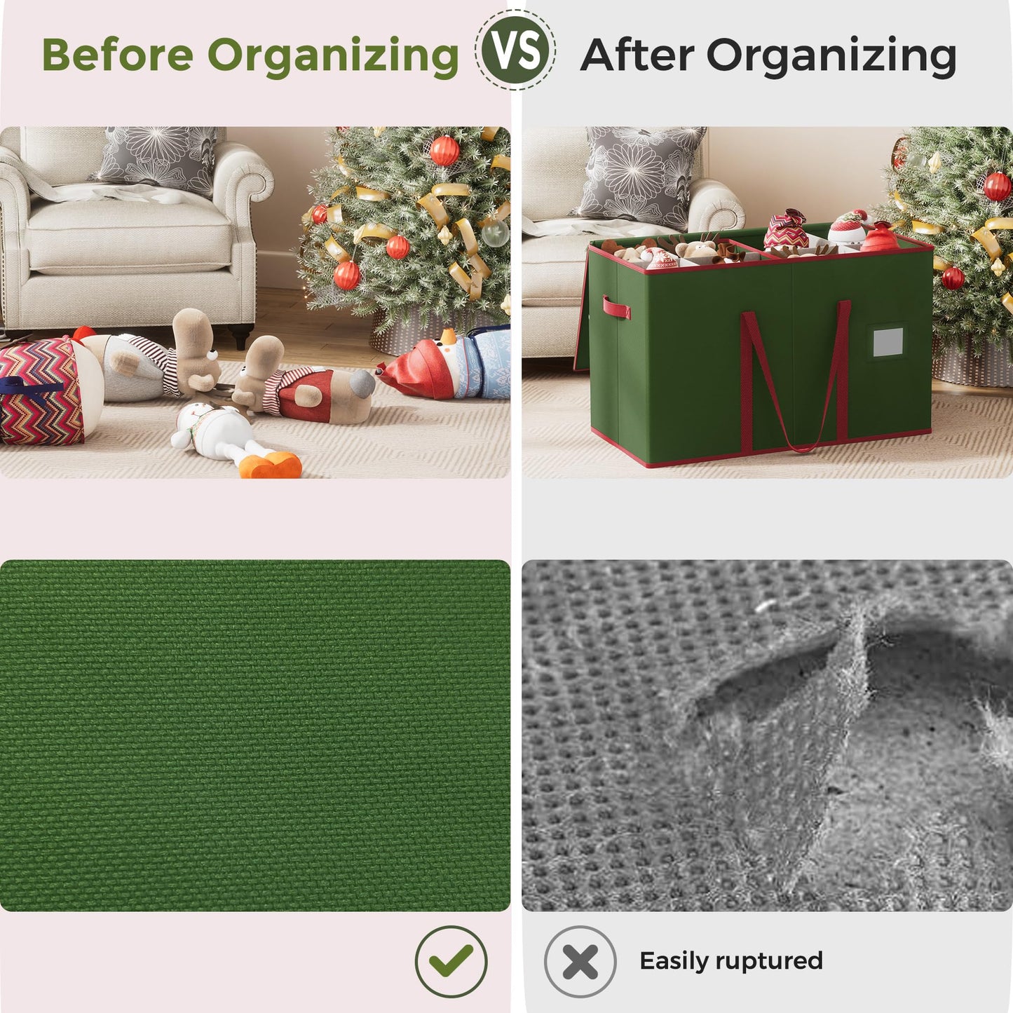 Christmas Figurine Storage Box for 15-Inch Figurines and Nutcrackers, Holiday Decor Organizer with Adjustable Dividers, 8 Slots and 2 Pockets, Dual Zippers, 600D Oxford, 24.8"x12.2"x15.2" ,Green