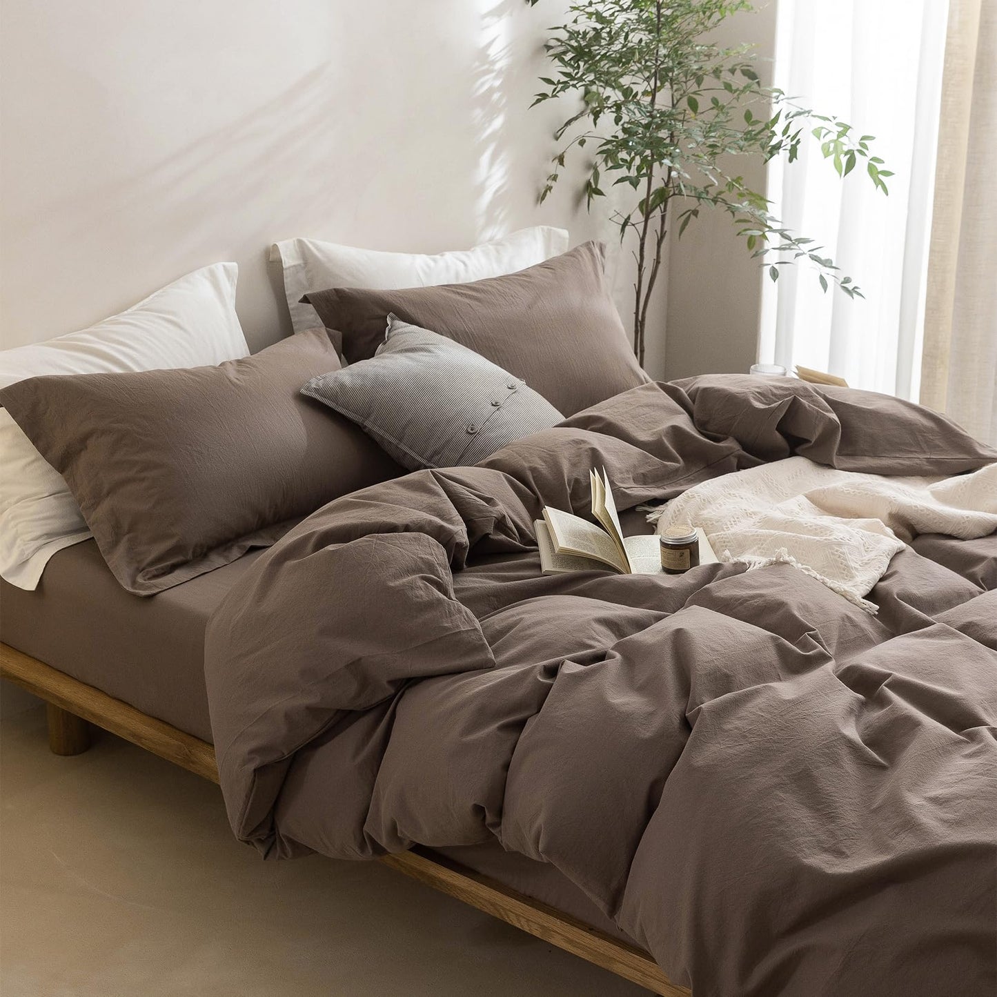 BDEAR 3 Pieces Light Chocolate Brown Duvet Cover Set Queen Size 90'' L x 90'' W, 100% Washed Cotton Duvet Cover with Zipper Closure Plus 2 Pillowcases, Oeko TEX Standard Certificated