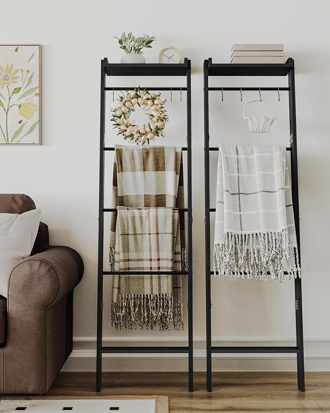 Hzuaneri Blanket Ladder Shelf, Decorative Quilt Rack, 6-Tier Farmhouse Ladder Holder Organizer with 4 Removable Hooks 7.9" D x 17.3" W x 63.4" H, Black BR35804B