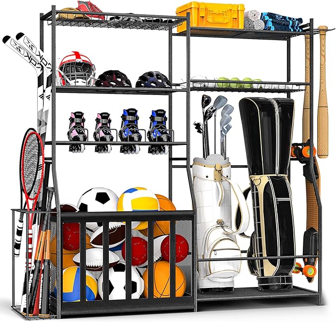 Garage Sports Equipment Organizer with Golf Bag Stand, Balls Storage Rack, and Toy Organizer ??Durable Indoor/Outdoor Multi-Use Rack for Kids' Gear and Seasonal Items