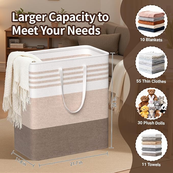 WOWBOX 2 Pack Laundry Baskets, Laundry Hampers, Freestanding Dirty Clothes Hampers with Reinforced Handles & Cross Stitch & Waterproof Coating, for Laundry Bedroom Bathroom Dorm,100L Khaki