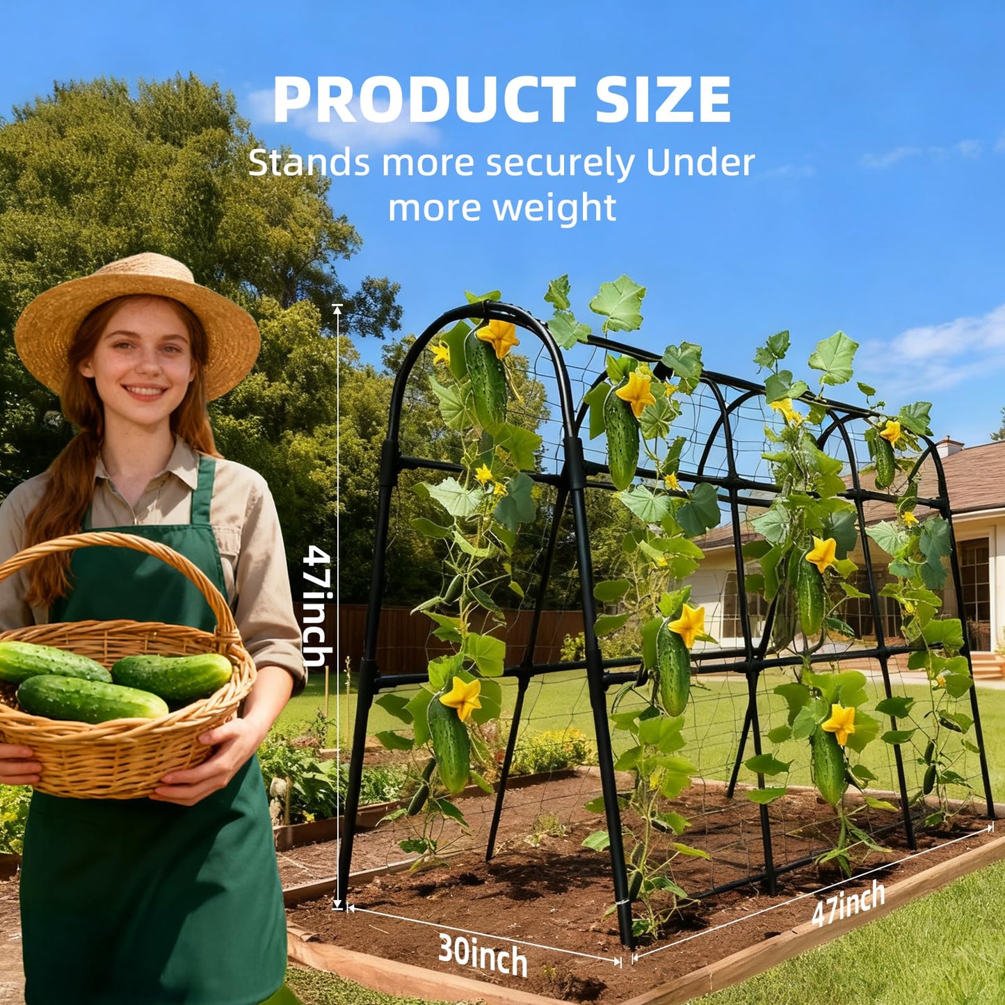 Laodier Cucumber Trellis for Raised Bed, U-Shape Garden Arch Metal Support for Climbing Plants, Metal Arch Plant Support Vegetables Trellis, Plant Support for Vine Outdoor (Black, 47*30*47inch(L*W*H))