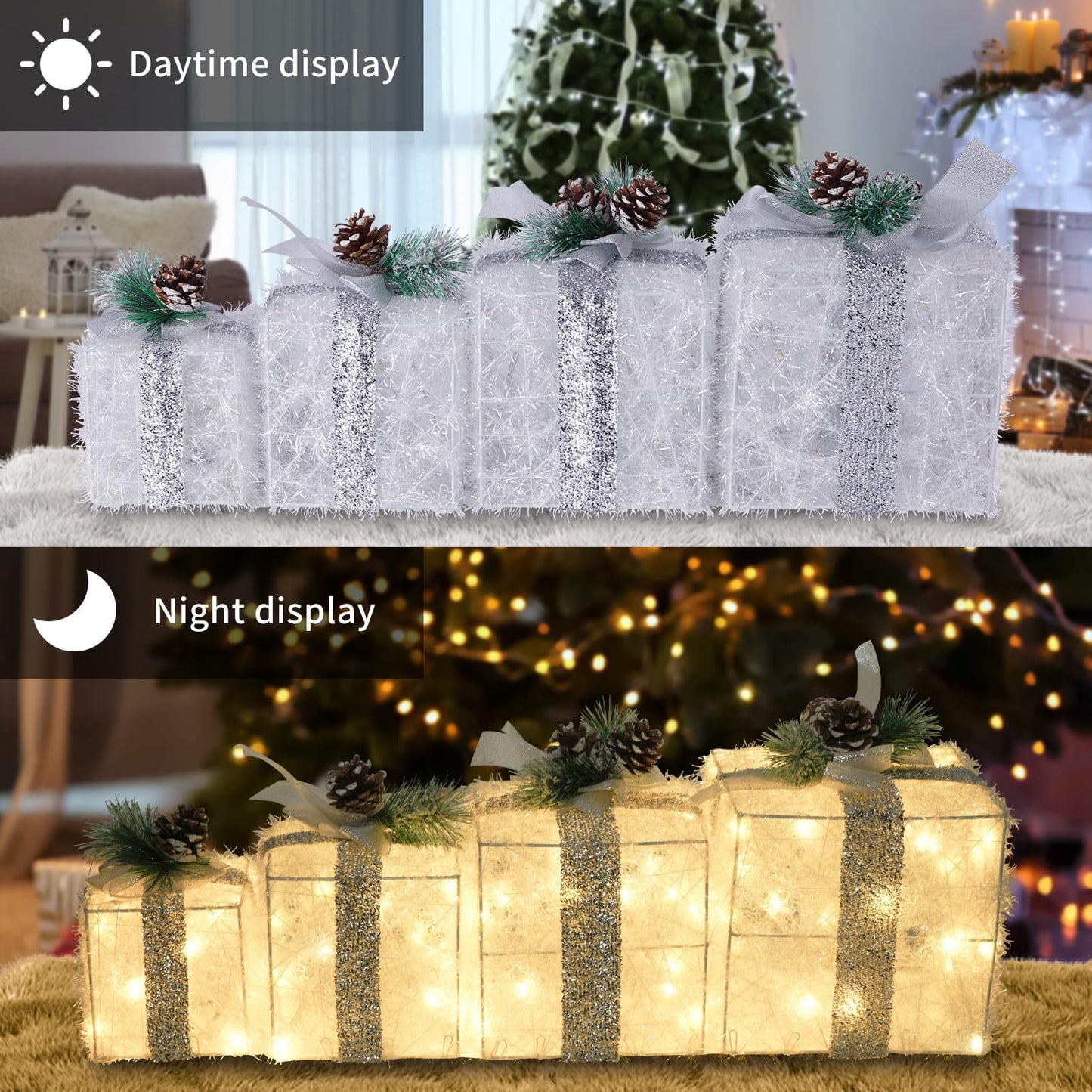 COVFEVER Set of 4 Christmas Lighted Gift Boxes, Pre-lit Light up Present Set with Different Sizes for Holiday Indoor Outdoor Decorations - Battery Operated(Warm White)