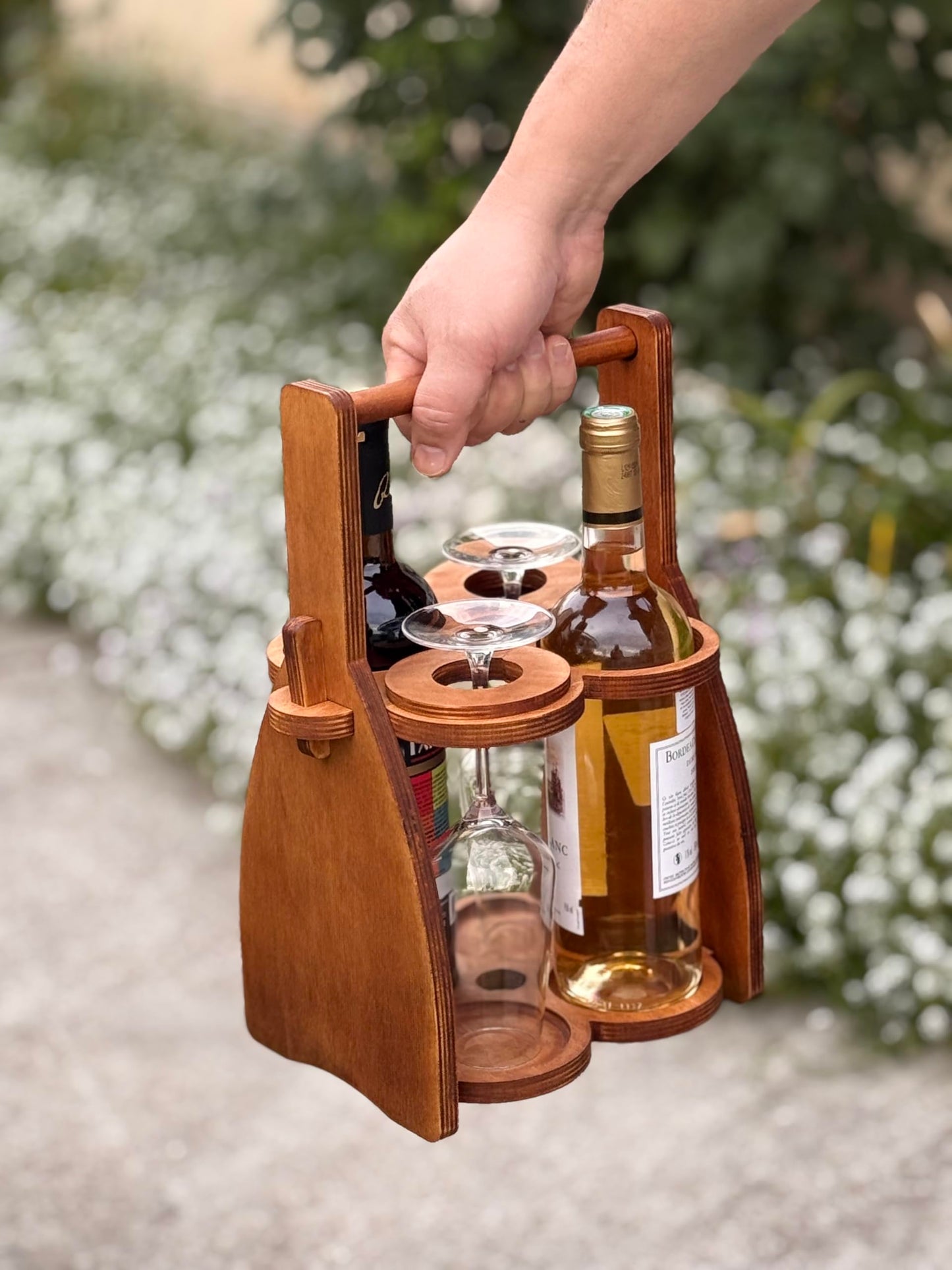 ROSTMARYGIFT Wood Wine Bottle and Glasses Caddy - Beer Carrier - Drinking Desk Accessories - Men's Organizer - Glass Tray Holder - Storage Stand - Drink Holder for Beer