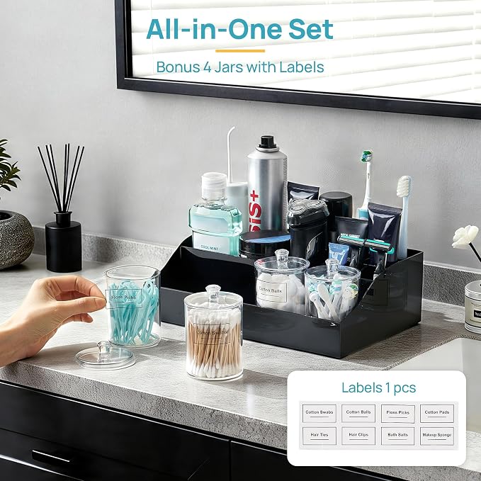 Vtopmart 5 PCS Bathroom Countertop Organizer, 1 Divided Tray with 4 Qtip Holder Jars, Restroom Clear Organizers for Toothbrush, Cotton Pads Balls, Floss, Bathroom Vanity Accessories Storage Set, Black
