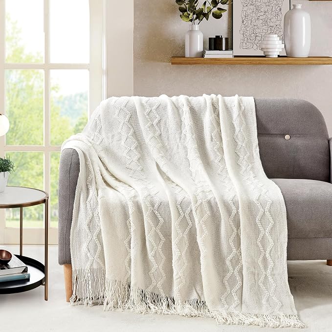 BOURINA Fluffy Chenille Knitted Fringe Throw Blanket Lightweight Soft Cozy for Bed Sofa Chair Throw Blankets, Off White 50" x 60"