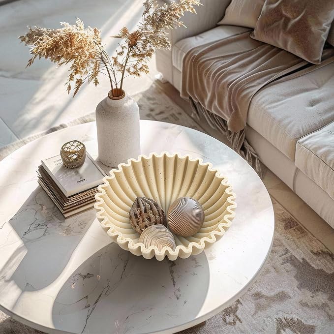 YMXYJM Large Decorative Bowl, Modern Handicraft Bowls for Home Decor, Decorative Fruit Bowl for Kitchen Counter, Ruffle Decor, Stylish Key Bowl for Entry Table, Artificial Travertine Beige