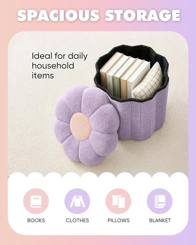 B FSOBEIIALEO Storage Ottoman Foldable, Sunflower Shaped Small Footrest Collapsible Folding Seat Bench for Bedroom Living Room Entryway, Faux Teddy Fur, Purple 12.6"x12.6"x11.4"
