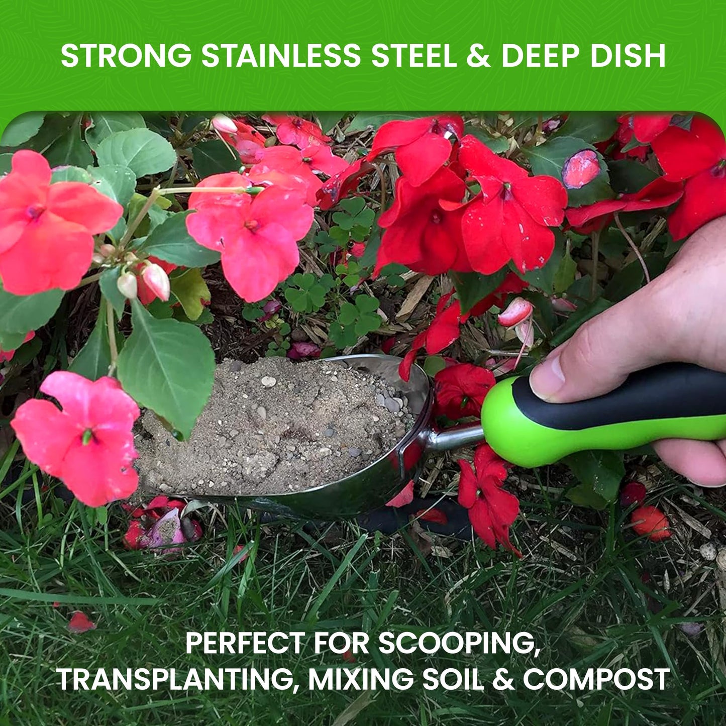 Garden Guru Super Strong Garden Scoop Trowel Shovel Transplanter - Stainless Steel - Rust Resistant - Ergonomic Grip - Perfect Hand Shovel for Gardening Transplanting and Digging (4 Pack)