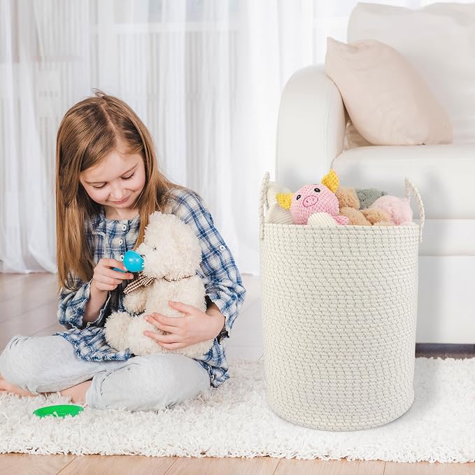XUANGUO Cotton Rope Laundry Basket Hamper for Clothes Woven Storage Basket for Living Room Bedroom Boho Tall Rope Baskets for Blanket Toys Pillow Towels Baby Nursery Hamper Bin striped