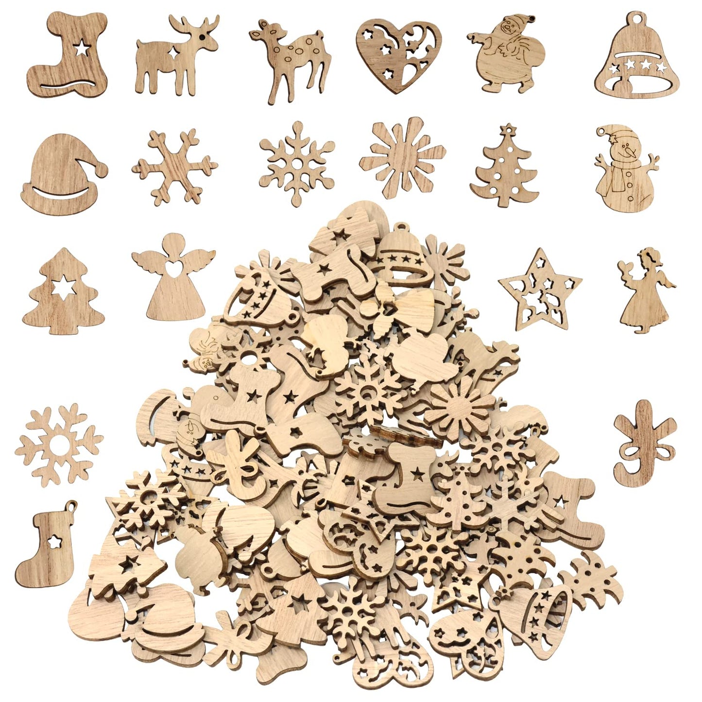 yueton 100PCS Mini Christmas Tree Snowflakes Stars Moose Bells Hats Socks Angels Christmas Unfinished Blank Wood Pieces Wood Slices Wood Chips Embellishments for DIY Crafts, Home Decoration, etc