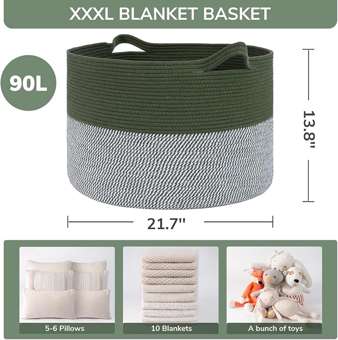 INDRSSME Large Laundry Storage Basket, 21.7 x13. 8 - Decorative Rope Blanket Basket for Organizing Bedroom, Living Room, Nursery, Toy Storage for Colthes Towel, Empty Gift Baskets -Green