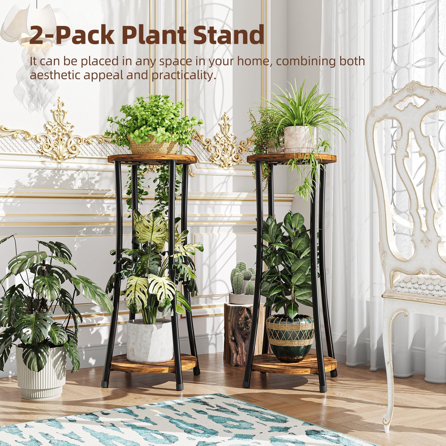 Ekisemio 2-Pack Plant Stand Indoor Outdoor, 2-Tier Round Flower Pot Holder with Rustic Brown Finish, Corner Plant Shelf for Balcony, Garden, Patio or Living Room