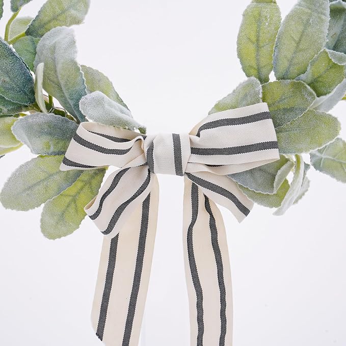 Wood Bead Lambs Ear Wreath - 13 Inch Artificial Greenery Leaf Wreaths Boho Wall Hanging Decoration for Spring Summer Modern Natural Home Farmhouse Porch Indoor Outdoor Wedding Decor