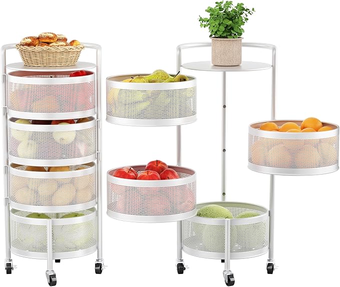 JAQ No Assembly Kitchen Storage Cart with Wheels, 4-Tier Rotating Onion & Potato Storage Organizer, Metal Produce Rack for Vegetable, Fruit and Pantry Storage, White
