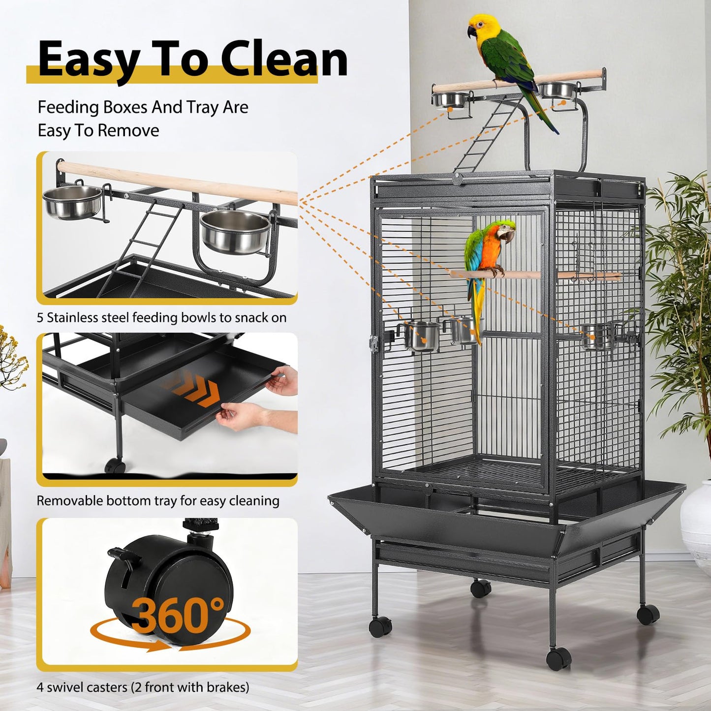64.4" Tall Large Bird Cage, Metal Parrot Cage with Rolling Stand, Play Top & Bowls - Bird Aviary for Parrots, Parakeets, Conures, Cockatiels, Indoor Outdoor Aviary for Outside Porch Garden Yard