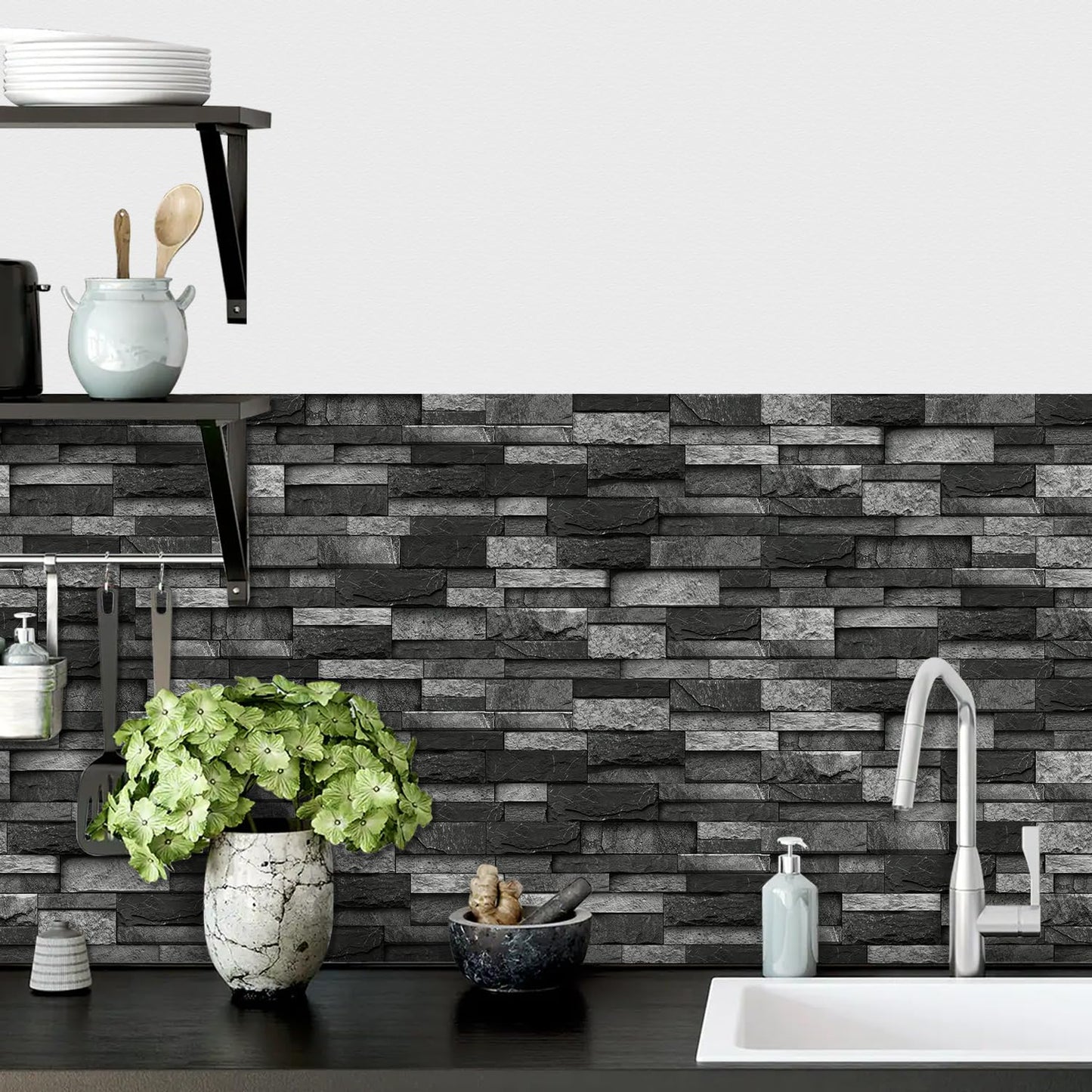 SiTiKi 36 Sheets Backsplash Vinyl Peel and Stick DIY Splicing Marble Self-Adhesive Tile Sticker for Kitchen and Bathroom Wall Decor (Black)
