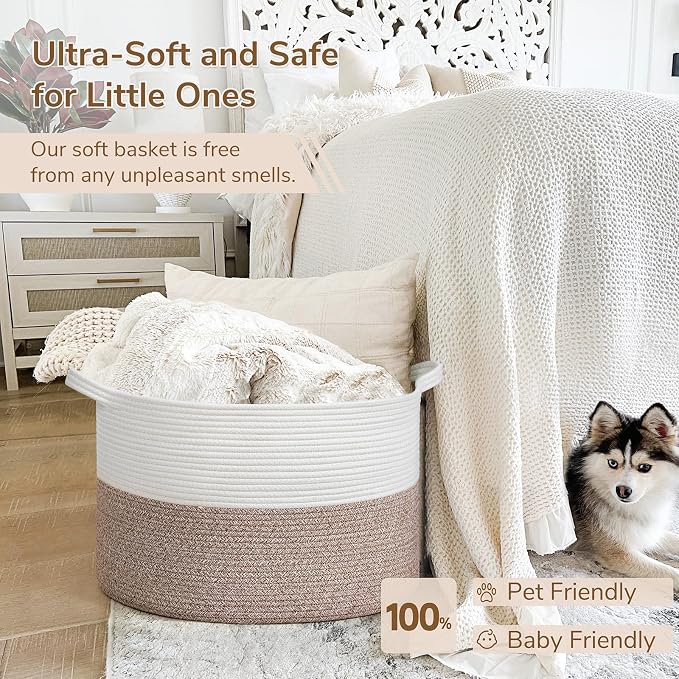 INDRESSME Large Blanket Basket, Laundry Toy Storage Baskets, Decorative Woven Basket for Living Room & Nursery, Baskets for Gifts Empty, Laundry, Dog Toys, Towels, White & Brown, 19.7" D x 12.6" H