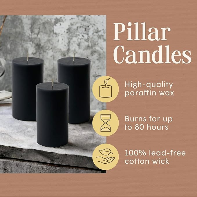 Mister Candle Dripless Unscented Pillar Candles, Set of 3 Hand Poured Black Pillar Candles, Solid Color for Home Decor, Premium Wax, 8 0 Hr Burn Time, 3x6 Inch