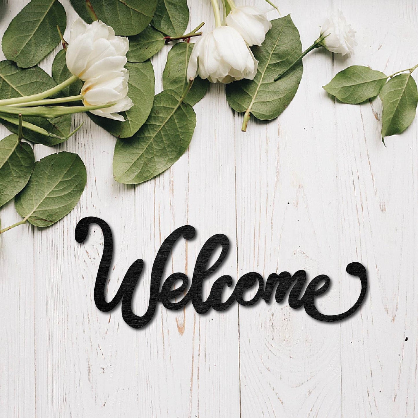 CREATCABIN Wood Cutout Welcome Sign Laser Cut Wooden Wall Decor Sculpture Hanging Decor Wall Art Decoration for Home Gallery Office Front Door Black 12 x 4.5 inch