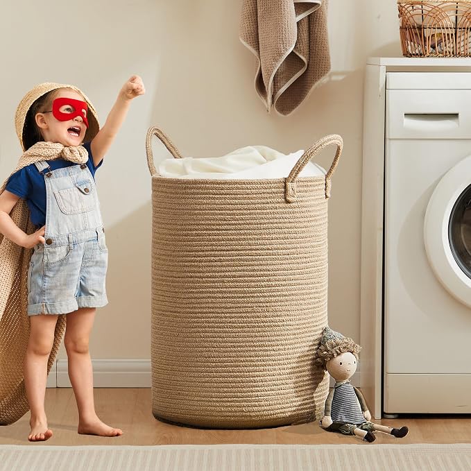 80L Extra Large Jute Laundry Hamper Tall Woven Laudnry Basket Wicker Rope Clothes Hamper Boho Blanket Basket in Living Room Bedroom 16"D x 22"H