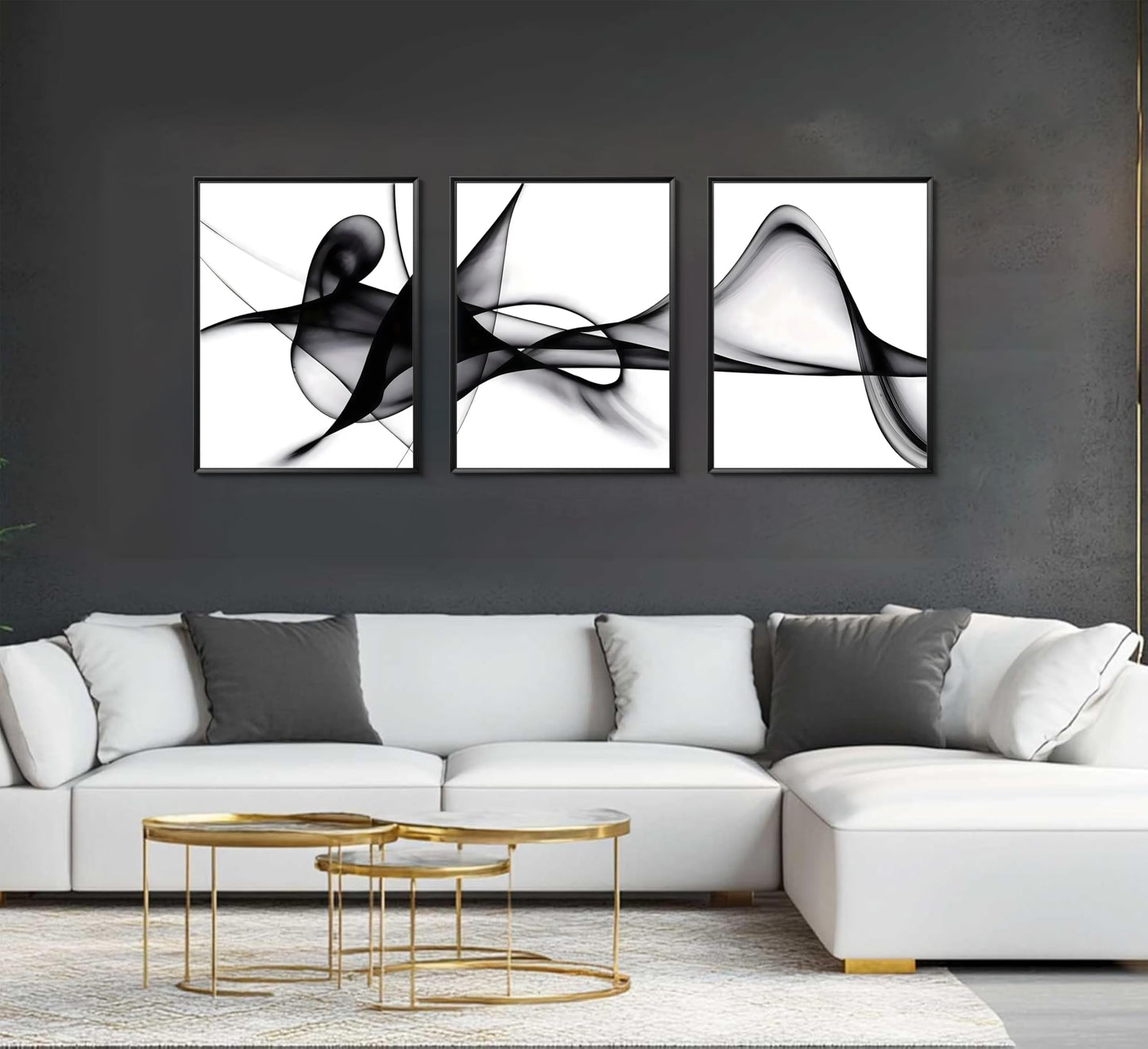 YCXDMJ 3 Panels Black White Abstract Canvas Wall Art Fluid Line Movement Prints Posters and Paintings Modern Pictures Wall Decor for Living Room Bedroom Office Decoration Unframed
