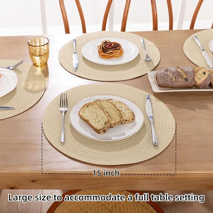 SHACOS 15 inch Round Placemats Set of 8 for Dining Table Cotton Polyester Braided Place Mats Washable Kitchen Table Mats for Dinner Party Table (Light Beige, 8)