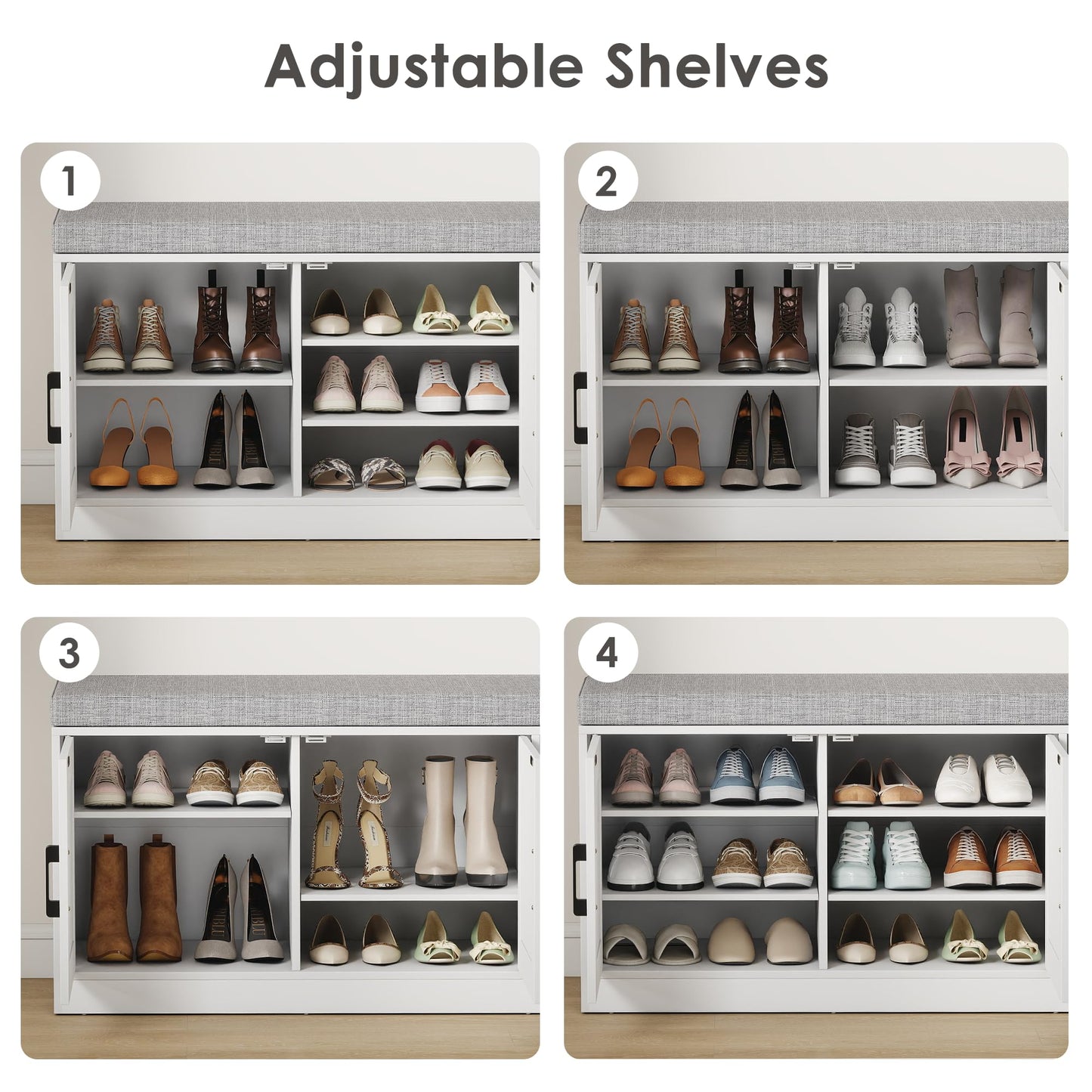 Suuiwau 3-Tier Shoe Storage Bench with Adjustable Shelf, Large Capacity Entryway Shoe Bench with Thickened Padded Seat Cushion and 3 Doors for Entry, Bedroom, Hallway (White,42.5 * 14in)