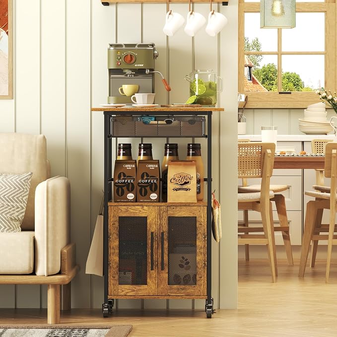 3 Tier Slim Rolling Coffee Cart with 2-Door & Pull-Out Wire Basket Drawer, Coffee Bar Cabinet on Lockable Casters, 32.7" H Microwave Cart with Storage for Home, Kitchen, Dining Room (Rustic Brown)