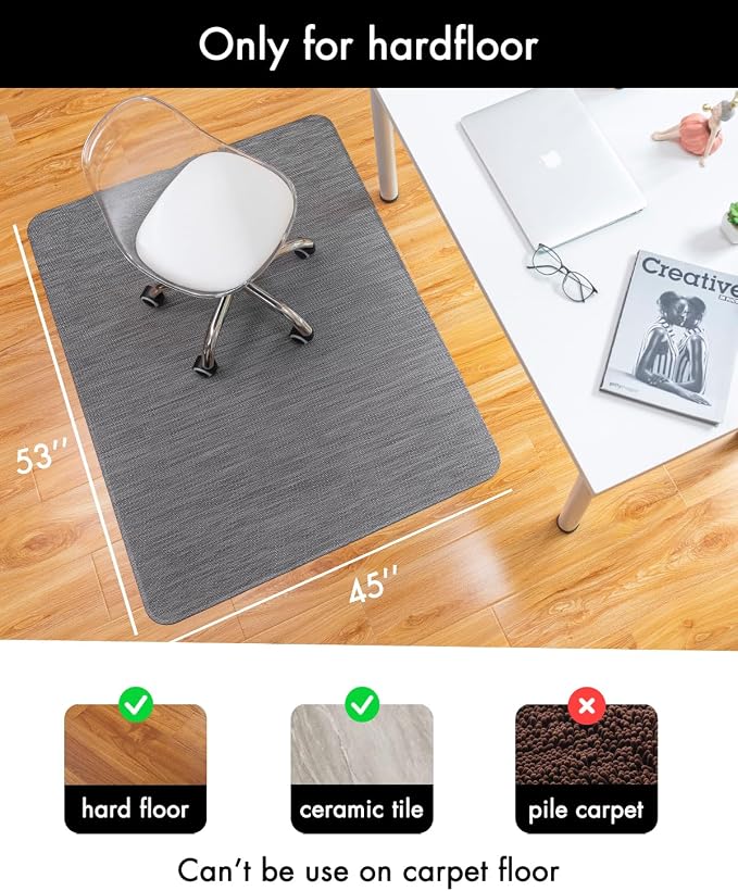 Baroyal Office Chair Mat for Hardwood Floor Under Desk Computer Rolling Chair Mat for Wood/Tile Floor Non-Slip Heavy Duty Desk Rug PVC Plastic Hard Floor Protector 45"x 53" (Gray)