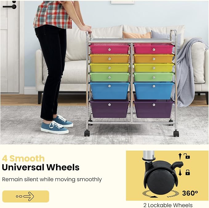LDAILY 12 Drawer Rolling Storage Cart, Craft Cart Organizer on Wheels w/Metal Frame, Large Capacity & Smooth Drawer, Rolling Cart w/Drawers for Classroom, Office
