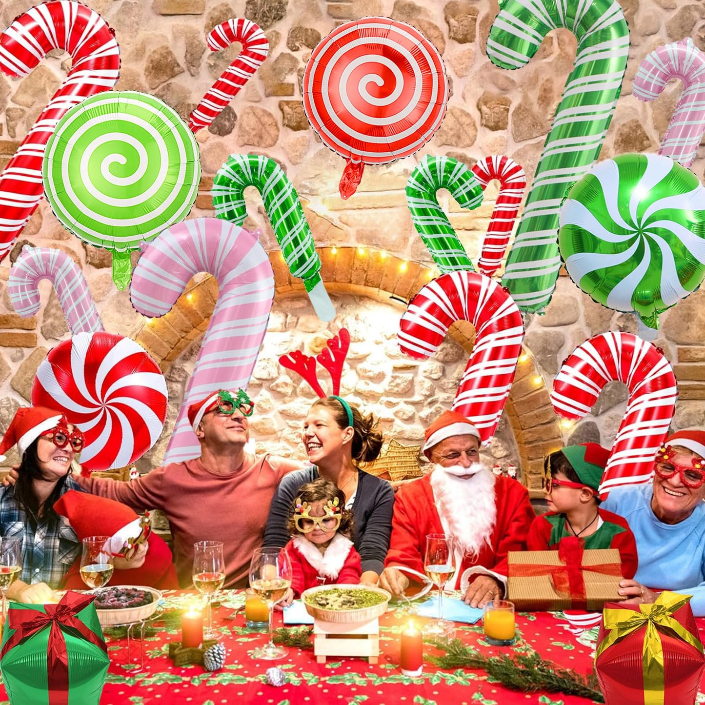 24 Pcs Christmas Balloons, Candy Cane Swirl Gift Box Balloons, Foil Red Green Pink Balloons Kit for Christmas Party Birthday Candy Themed Party Decorations
