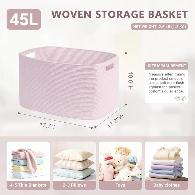 45L Small Baby Girls Laundry Basket for Nursery Storage,Cute Woven cotton Rope Baskets for Kids Toy，Gifts, Boho Square Wicker Blanket hamper for Living Room,Bedroom Dirty Clothes,Pink