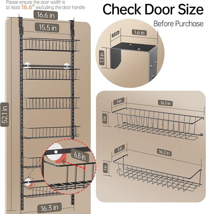 Delamu Adjustable Cabinet Door Organizer, 6-Tier Hanging Spice Rack Organizer, Metal Over the Door Pantry Organizer, Pantry Organizers and Storage Shelves for Kitchen Bathroom Laundry Room, Black