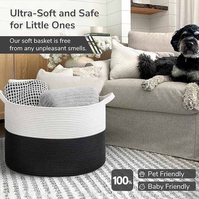 INDRESSME Large Cotton Rope Baskets for Storage, 21.7 x 13.8 Blanket Storage for Living Room Toy Baskets Kids, Baby Laundry Basket for Dirty Clothes, Pillows, 90L White & Black