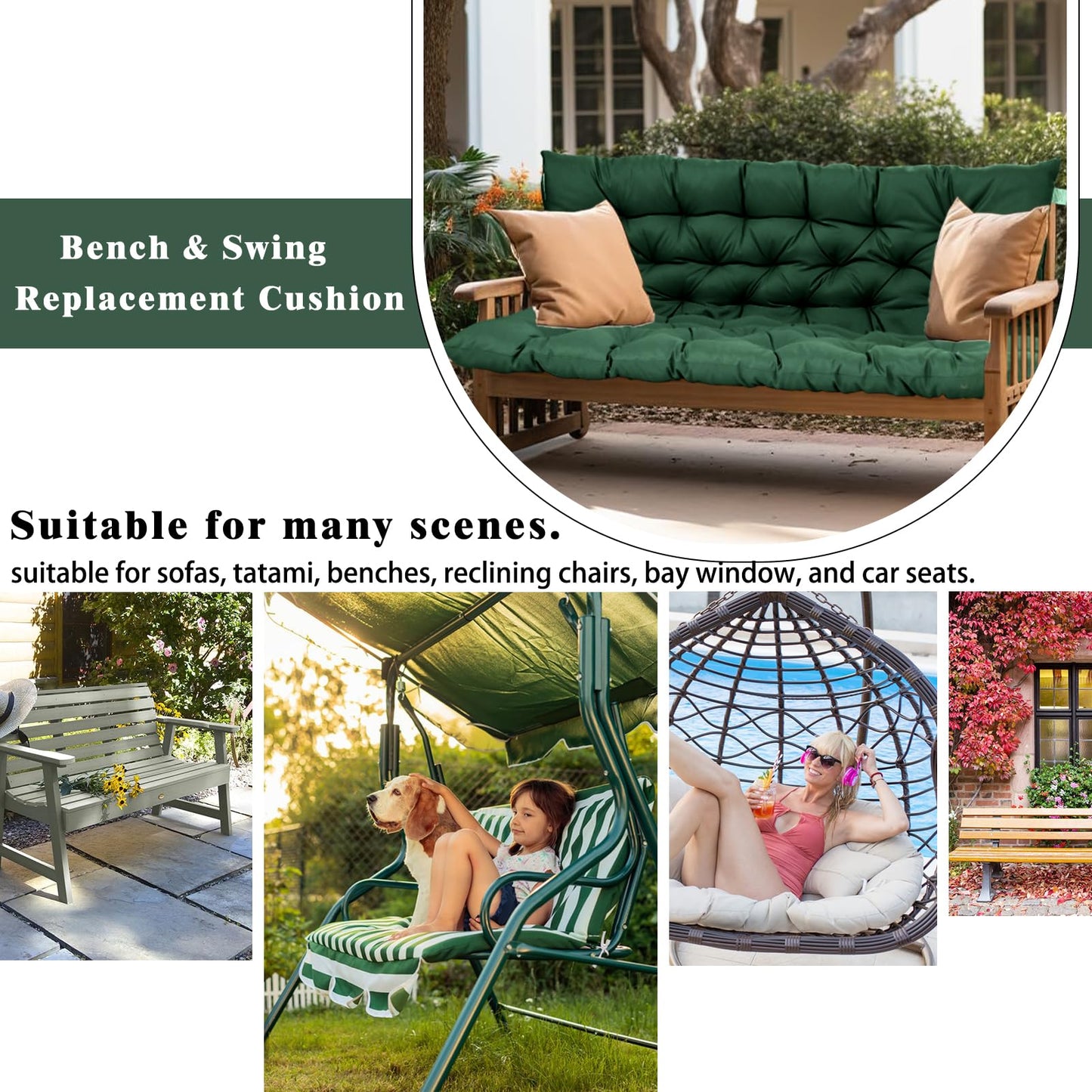 HIYEN Porch Swing Cushions 3 Seater Replacement, Waterproof Bench Cushions for Outdoor Furniture with Backrest, 4" Thickened Patio Swing Cushion with Ties (Dark Green, 60 * 40 inch)
