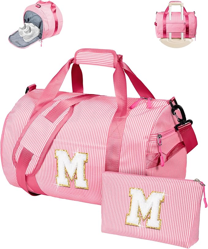 Cheer Up Gifts for Daughter, Girl Gym Bag, Kids Initial Overnight Duffel Bags with Shoe Compartment, Personalized Travel Bag with Makeup Pouch, Preppy Things for Teen Girls (Letter M)