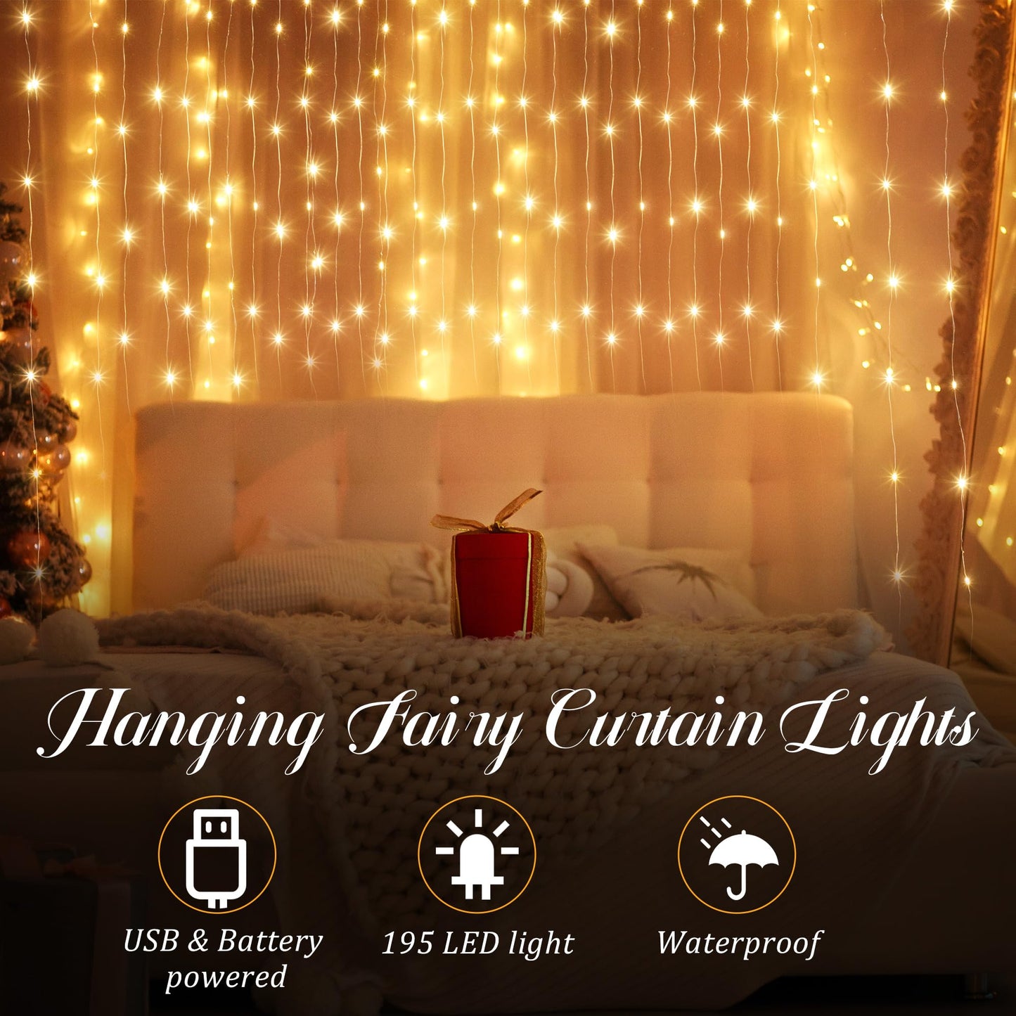 Tuanse 195 LED Curtain Tapestry Lights Backdrop String Lights, 6.5 x 5 Feet Hanging Fairy Curtain Light with 8 Lighting Modes and Remote for Bedroom Window Wall Indoor Outdoor Graduation Decor 1 Pack