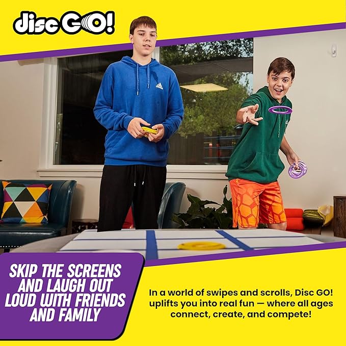 DiscGO! Game 9 Soft Silicone Discs, Play Indoor/Outdoor for Fun, Gift, Family, Camping, Parties, Tailgating, Team Building, Classroom, Portable Travel Games for Kids & Adults (Yellow, White & Purple)