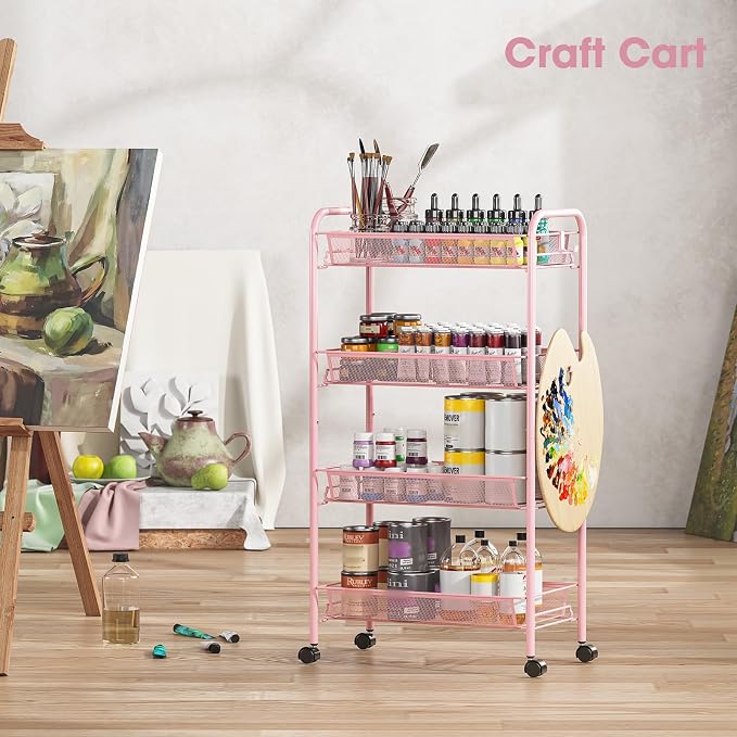 TOOLF 4 Tier Rolling Utility Cart - Durable Metal Design Pink Utility Cart, Storage Trolley on Wheels with 3 Hooks, Perfect for Kitchen, Bathroom & Laundry Room Organization