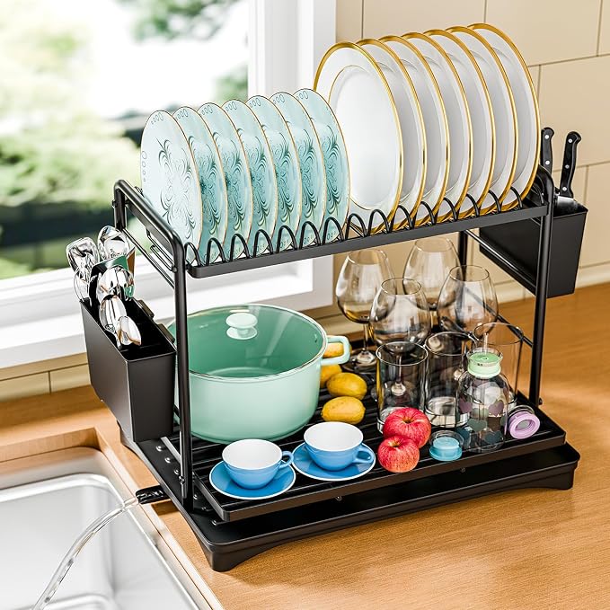 Simple Trending Dish Rack, Dish Drying Rack 2 Tier, Stainless Steel Dish Drainers with Utensil Holder and Drainboard for Kitchen Sink Organizers, 12" w x 16.6" L, Black