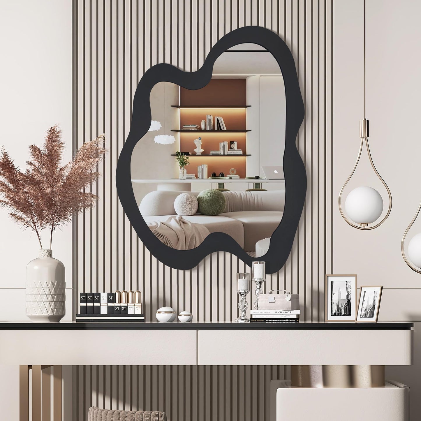Fahomiss Irregular Wall Mirror - 20" x 28" Asymmetrical Wavy Mirror, Modern Decorative Wall Mirror with Black Wood Frame for Bedroom, Living Room, Entryway, Bathroom, Cloakroom